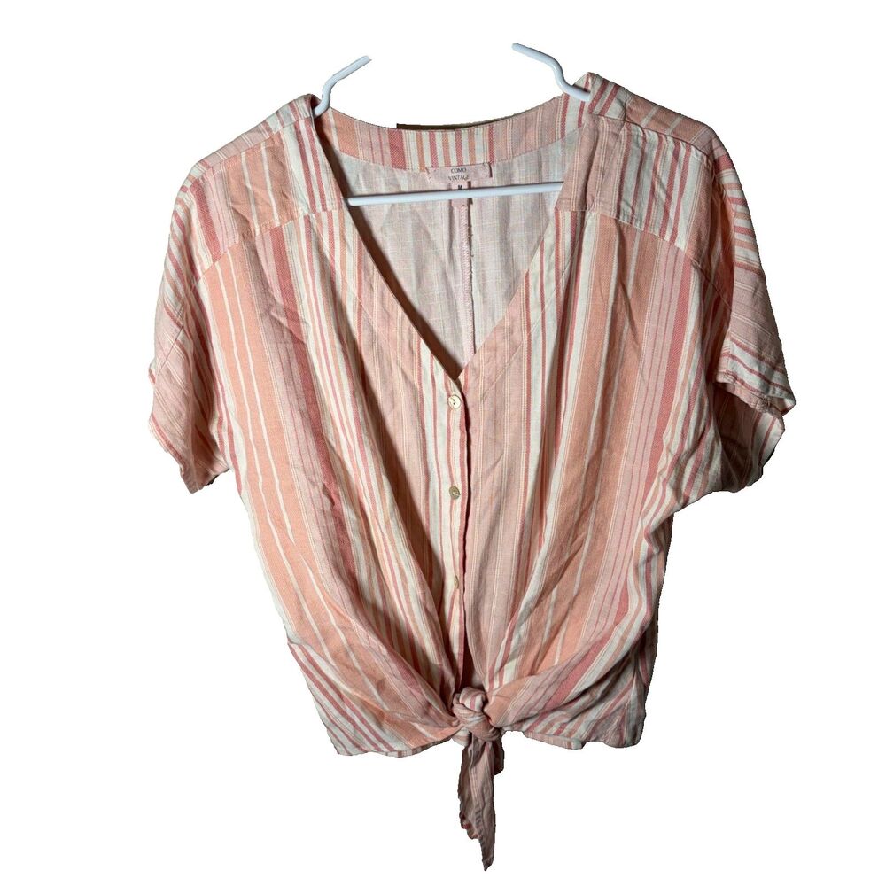 Como Vintage Blouse Women's Medium Pink Button Up Tie Short Sleeve Casual